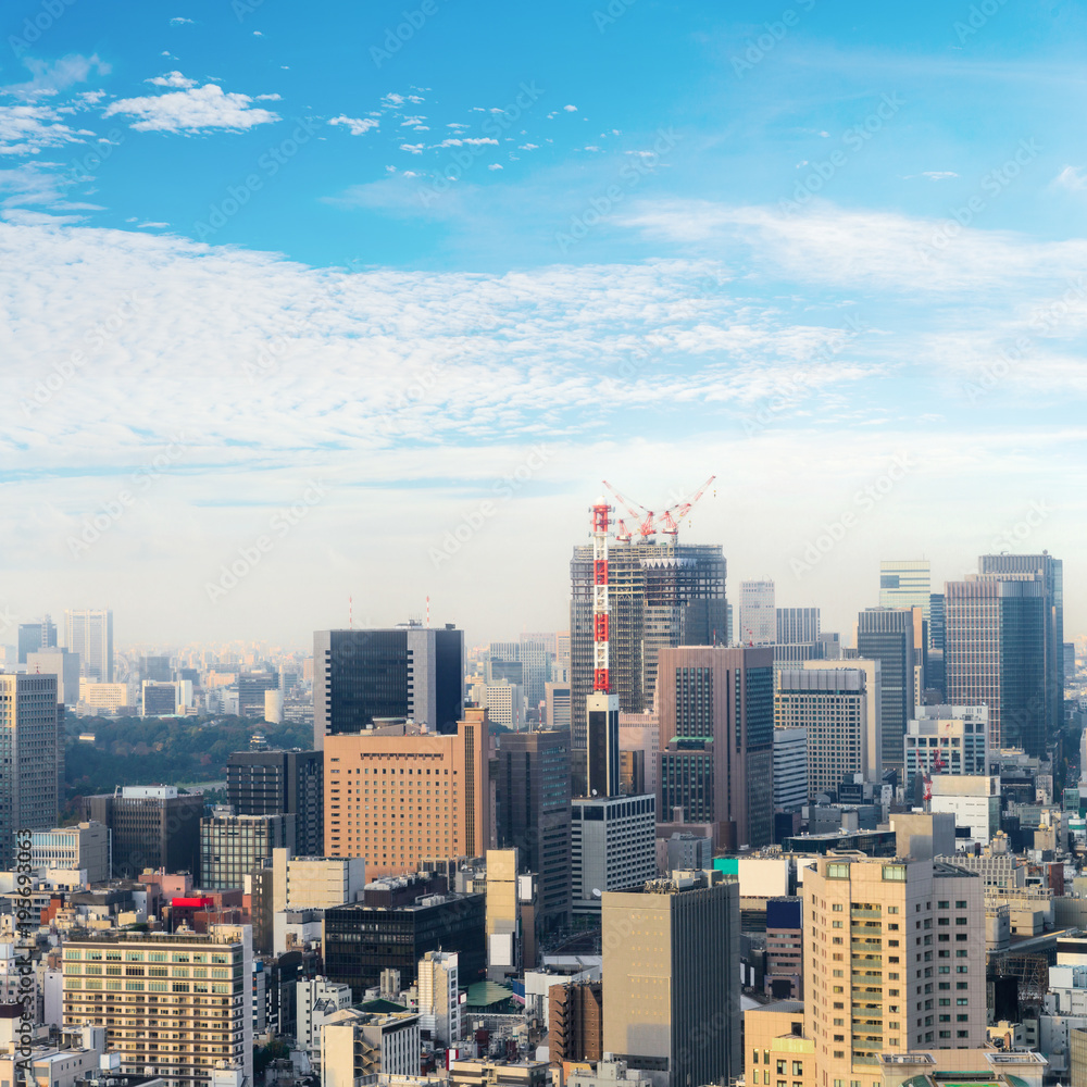 Aerial skyscraper view of office building and downtown and cityscapes of Tokyo city with blue sly and clouds background. Japan, Asia