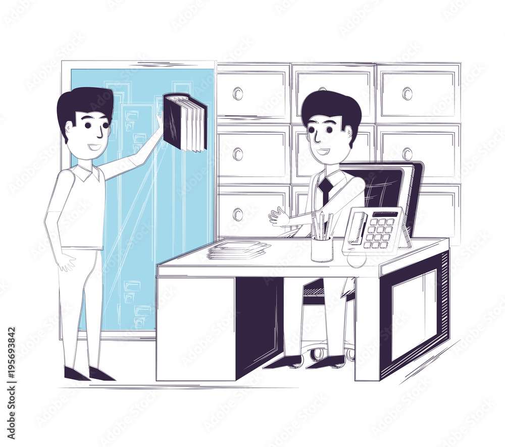 Sketch of office with man sitting at the desk and other man showing him a book, colorful design vector illustration