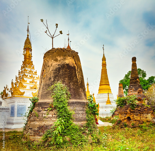 Sankar pagoda. Stupa on the foreground. Shan state. Myanmar. Panorama photo