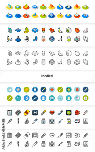 Set of icons in different style - isometric flat and otline, colored and black versions