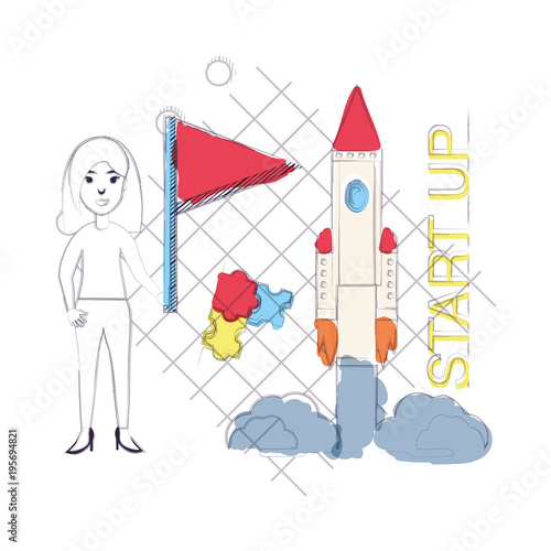 sketch of start up design with woman holding a flag and rocket over white background, colorful design vector illustration