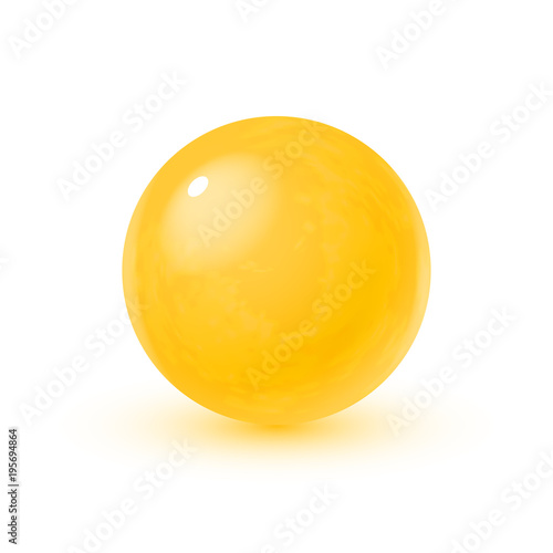 Realistic glass sphere with shadows, reflection of sky in mirror surface of yellow pearl