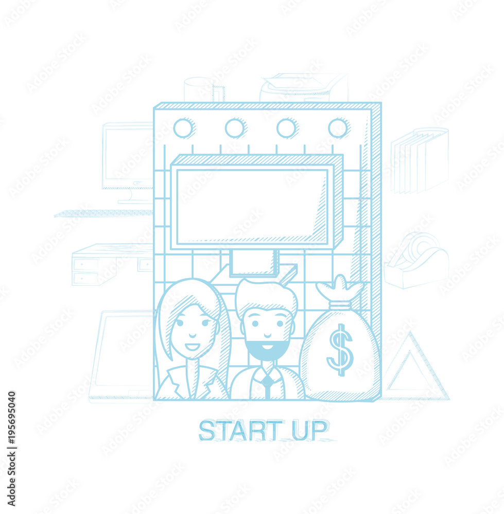 Sketch of start up design with businesscouple with computer and money sack over white background, blue line design vector illustration Sketch of start up design with businesscouple with computer and money sack over white background, blue line design vector illustration