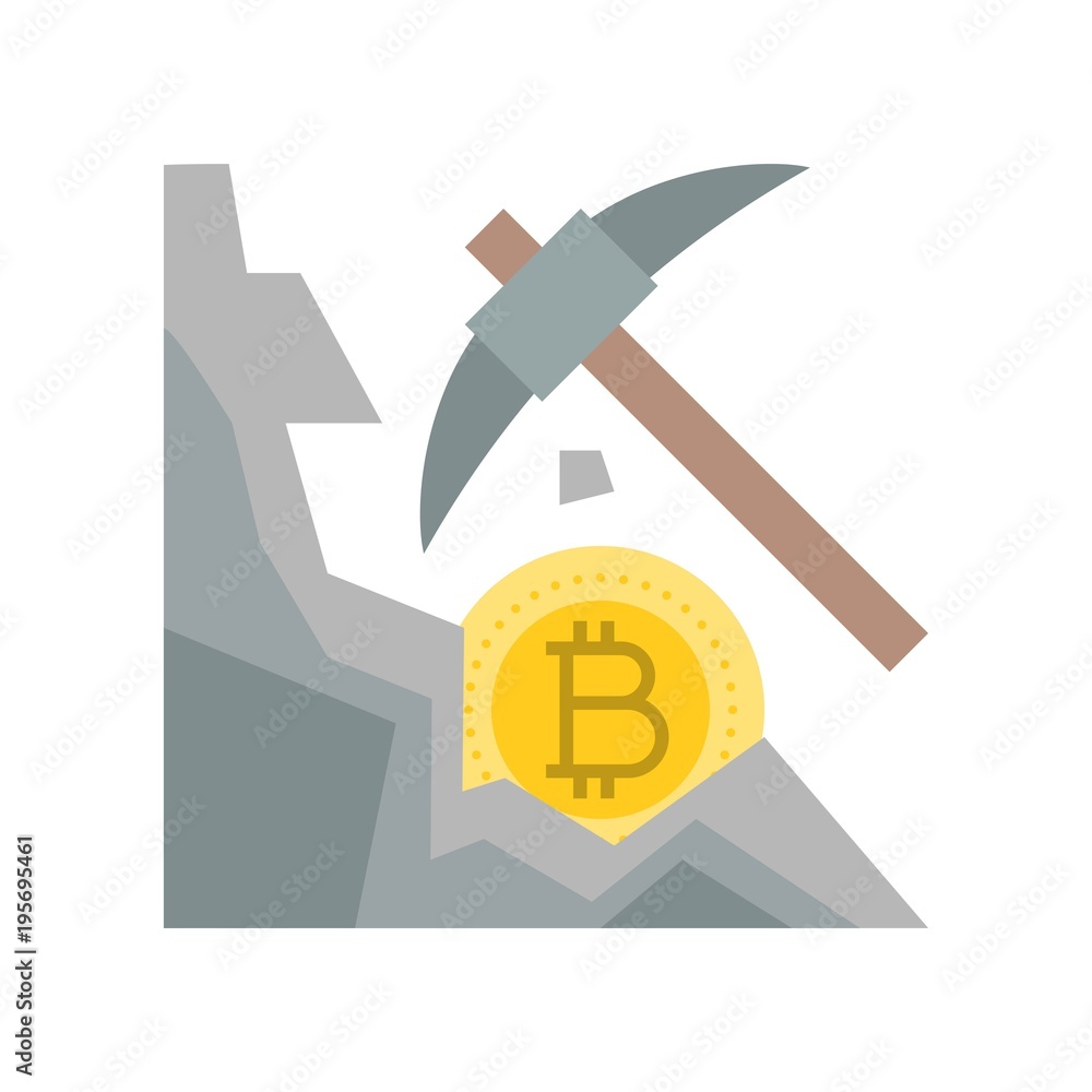 Bitcoin mining, coin with pickaxe, flat design icon Bitcoin mining, coin with pickaxe, flat design icon