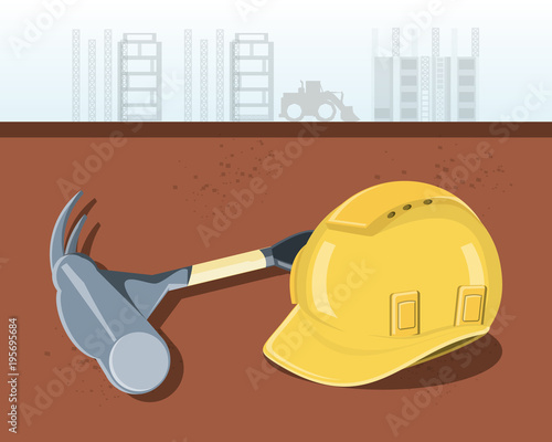 Construction equipment design with safety helmet and hammer tool icon, colorful design vector illustration