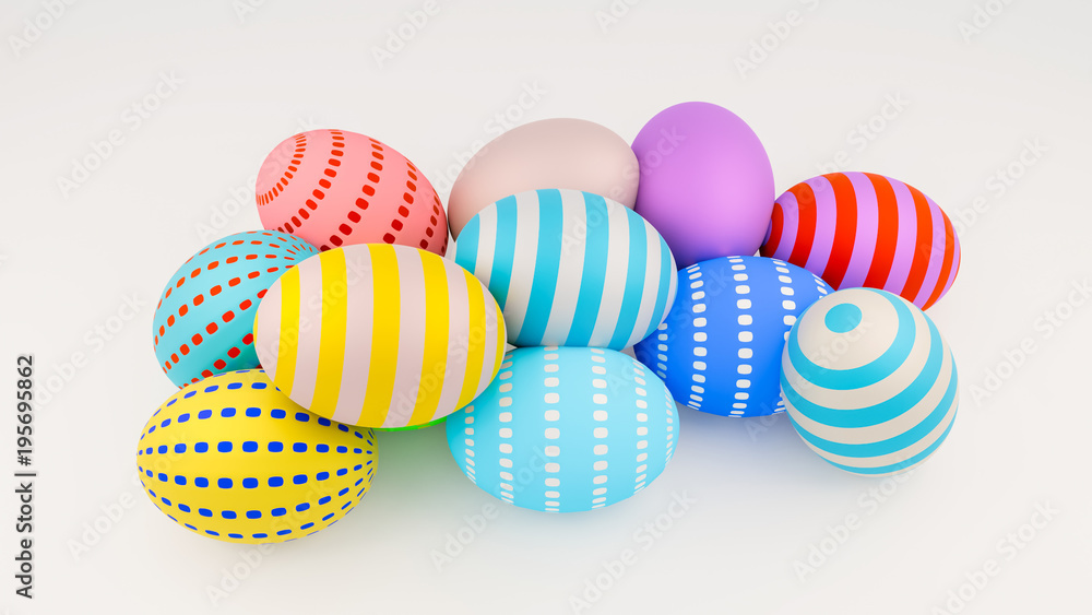 colorful easter eggs on a white.Spring holidays concept 3d rendered colorful easter eggs on a white.Spring holidays concept 3d rendered