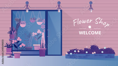 Small flower and plant shop facade, stylish exterior storefront design with copy space background, blue and purple tones