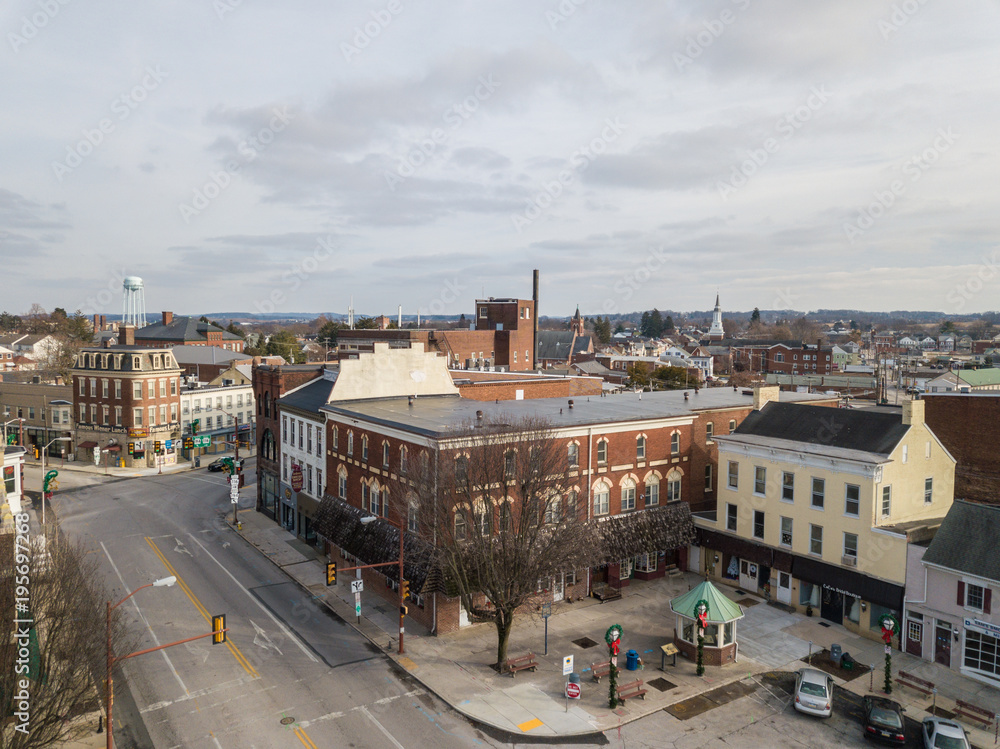 Aerial of Downtown Hanover, Pennsylvania next to the Square