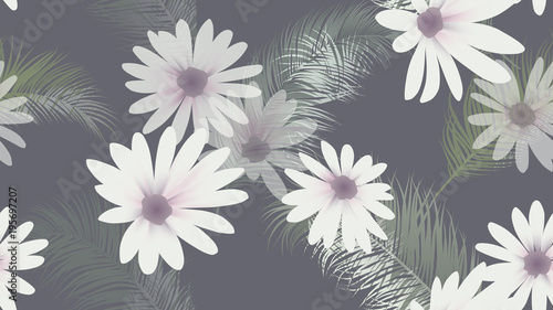 Seamless pattern, white Chrysanthemum flowers with palm leaves on dark gray background