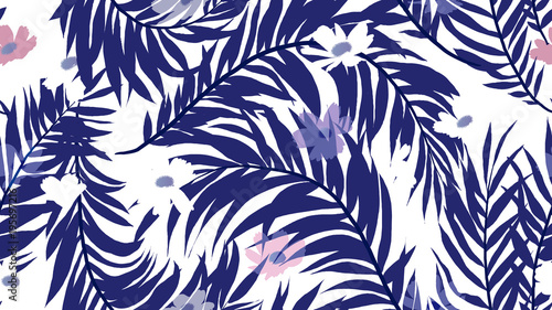 Seamless pattern, palm leaf and cosmos flower on white background, blue and purple tones