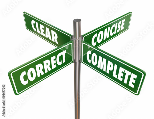 Valokuva Clear Concise Correct Complete Information Signs 3d Illustration