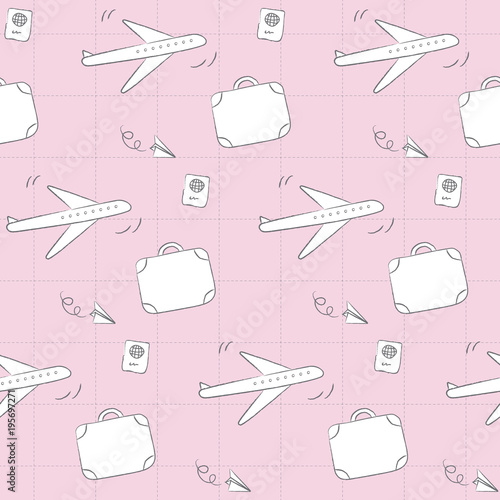 Travel pattern with airplane, suitcase, and passport. Playful, cute, and flexible doodle pattern for brand who has fun style. The art vector graphic can be repeated.