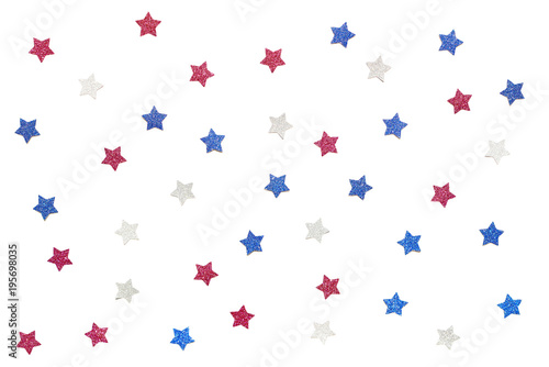 Blue red and white glitter star paper cut on white background - isolated