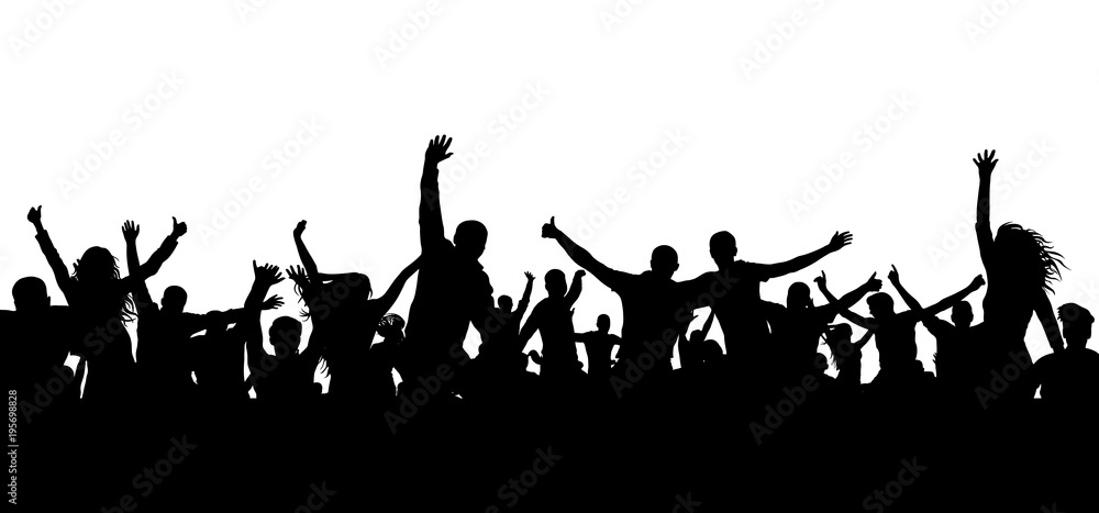 Crowd cheerful people silhouette. Happy group of young people dancing at musical party, concert, disco. Joyful mob. Sports fans, applause, cheering. Vector on white background Crowd cheerful people silhouette. Happy group of young people dancing at musical party, concert, disco. Joyful mob. Sports fans, applause, cheering. Vector on white background