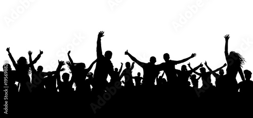 Crowd cheerful people silhouette. Happy group of young people dancing at musical party, concert, disco. Joyful mob. Sports fans, applause, cheering. Vector on white background