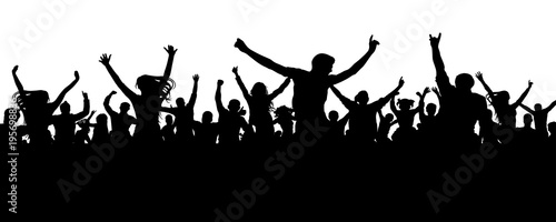 Crowd cheerful people silhouette. Joyful mob. Happy group of young people dancing at musical party  concert  disco. Sports fans  applause  cheering. Vector on white background