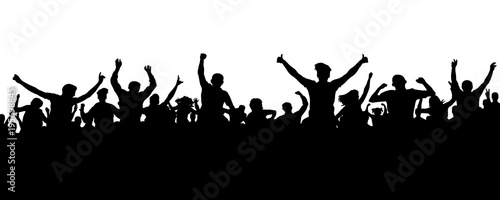 Crowd of people silhouette. Sports banner. Hands up fans. Cheerful life party
