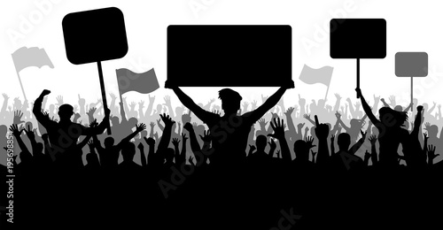 Crowd of people with flags, banners. Sports, mob, fans. Demonstration, manifestation, protest, strike, revolution. Silhouette background vector, angry mob