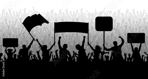 Demonstration, manifestation, protest, strike, revolution. Crowd of people with flags, banners. Sports, mob, fans. Silhouette background vector
