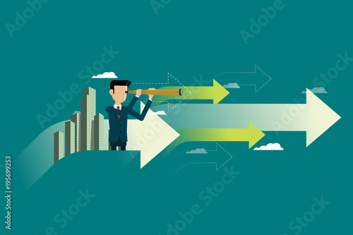 Businessman and background city in arrows searching for opportunities business. Vector illustration