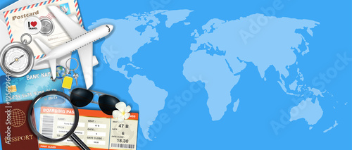 airplane and travel object on world map
