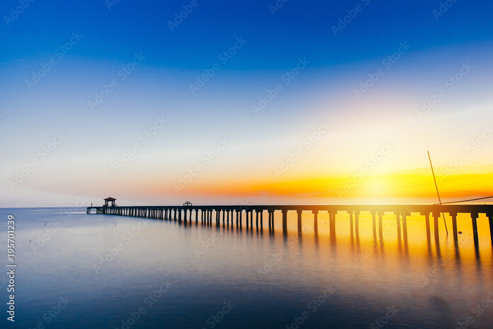 Vacation and Holiday concept - Wooden pier between sunset in Samut Prakan, Thailand,Summer, Travel