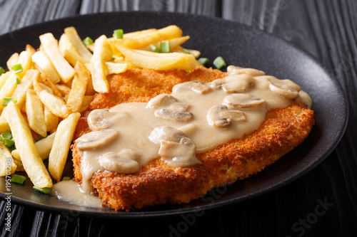 Tableau sur toile Traditional hunter schnitzel with sauce and fries close-up on a plate