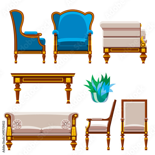 VIP vintage interior furniture rich wealthy house chair room with sofa couch seat set vector illustration.