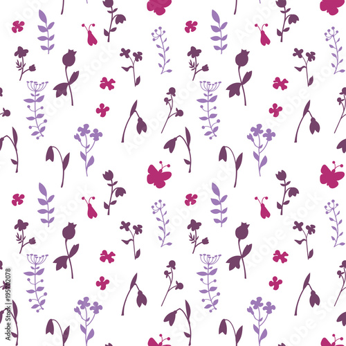 Meadow seamless pattern with a lot of spring and summer flowers from gardens and forests. There are bugs also