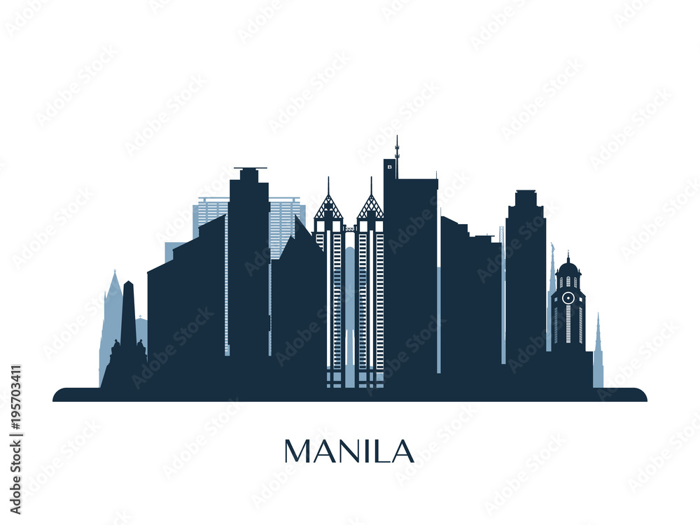 Manila skyline, monochrome silhouette. Vector illustration.