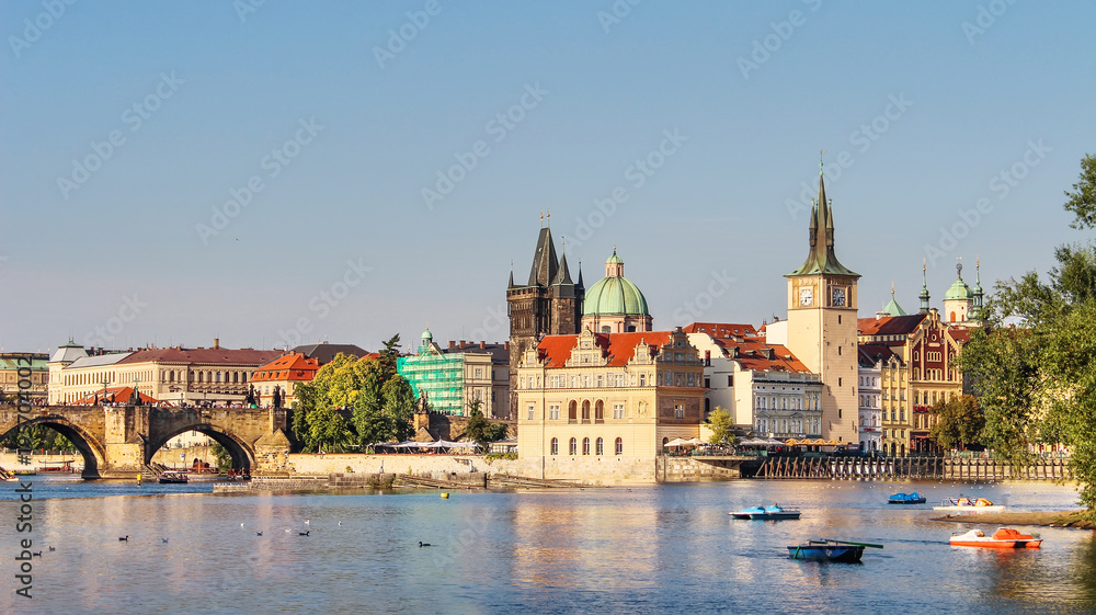 Prague. Beautiful summer landscape of the old town and the sights of Prague. View of the Charles Bridge and the Powder Tower.