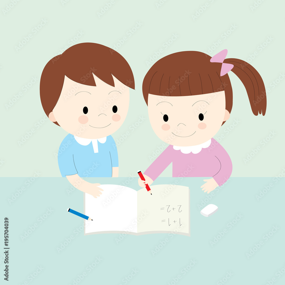 Cartoon cute little boy and little girl doing homework vector. Stock Vector  | Adobe Stock