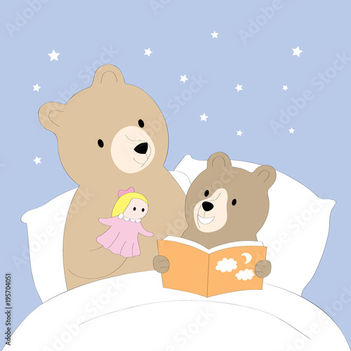 One night, Mom bear and baby bear reading fables before bedtime On a white mattress happily vector.