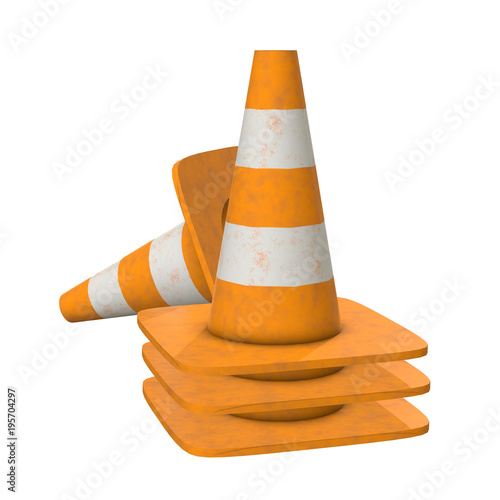 Traffic cone. Orange road sign with white stripes 3d render isolated on white background. Under construction concept. photo