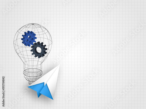 Origami airplane with wireframe lightbulb containing gears on grid background represent innovation and technology concept. Technology background. Vector illustration.