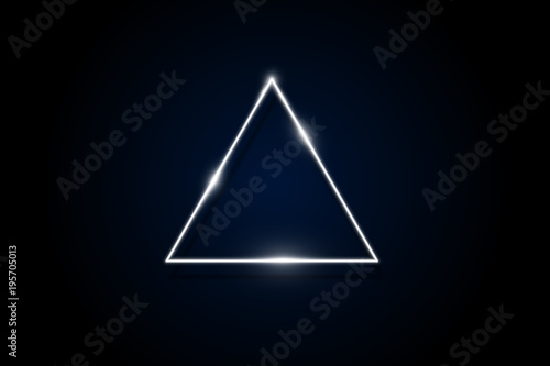 Glowing purple neon rounded triangle on dark background. Illuminated geometric polygon frame. Vector illustration.