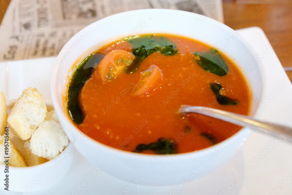 Moroccan tomato soup with croutons of ciabatta Moroccan tomato soup with croutons of ciabatta