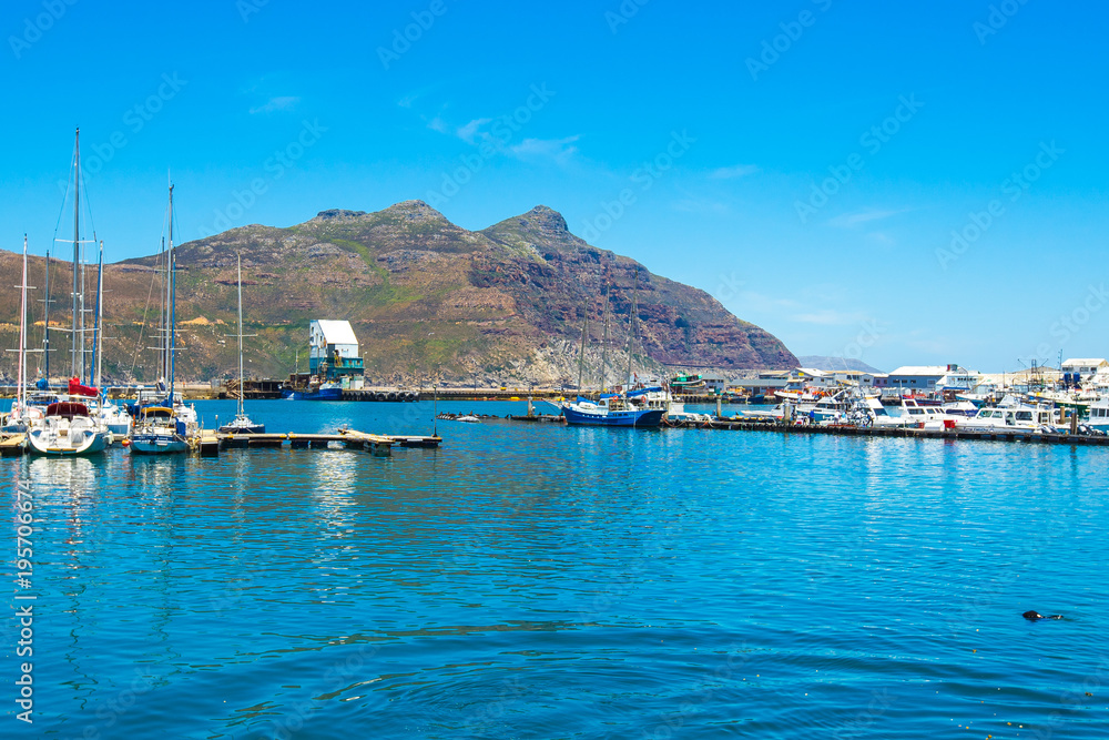 Hout bay view with boat in the sea, Cape Town, South Africa