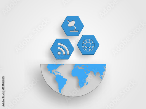 Icons of telecommunication concept are on the half size of earth map represent concept of commucation and global connection. Technology background. Vector illustration