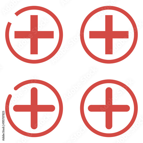 Plus icon. Add icon. Set. 4 red plus in circle. Red and white plus button vector icon.