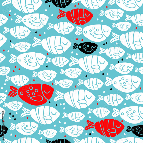 Seamless vector pattern with colorful fishes in scandinavian minimalist modern style.