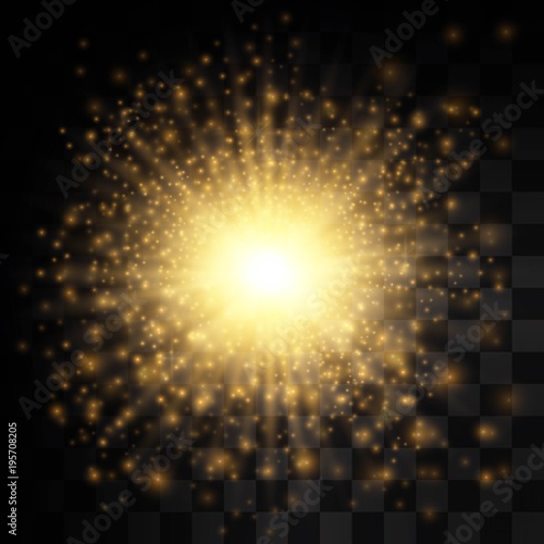 Transparent glow light effect. Star burst with sparkles. Gold glitter