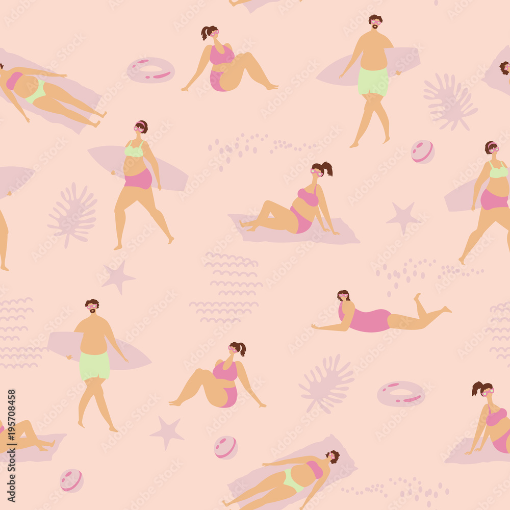 Seamless vector pattern with people on beach in scandinavian style. Poster about sunbathing. Seamless vector pattern with people on beach in scandinavian style. Poster about sunbathing.