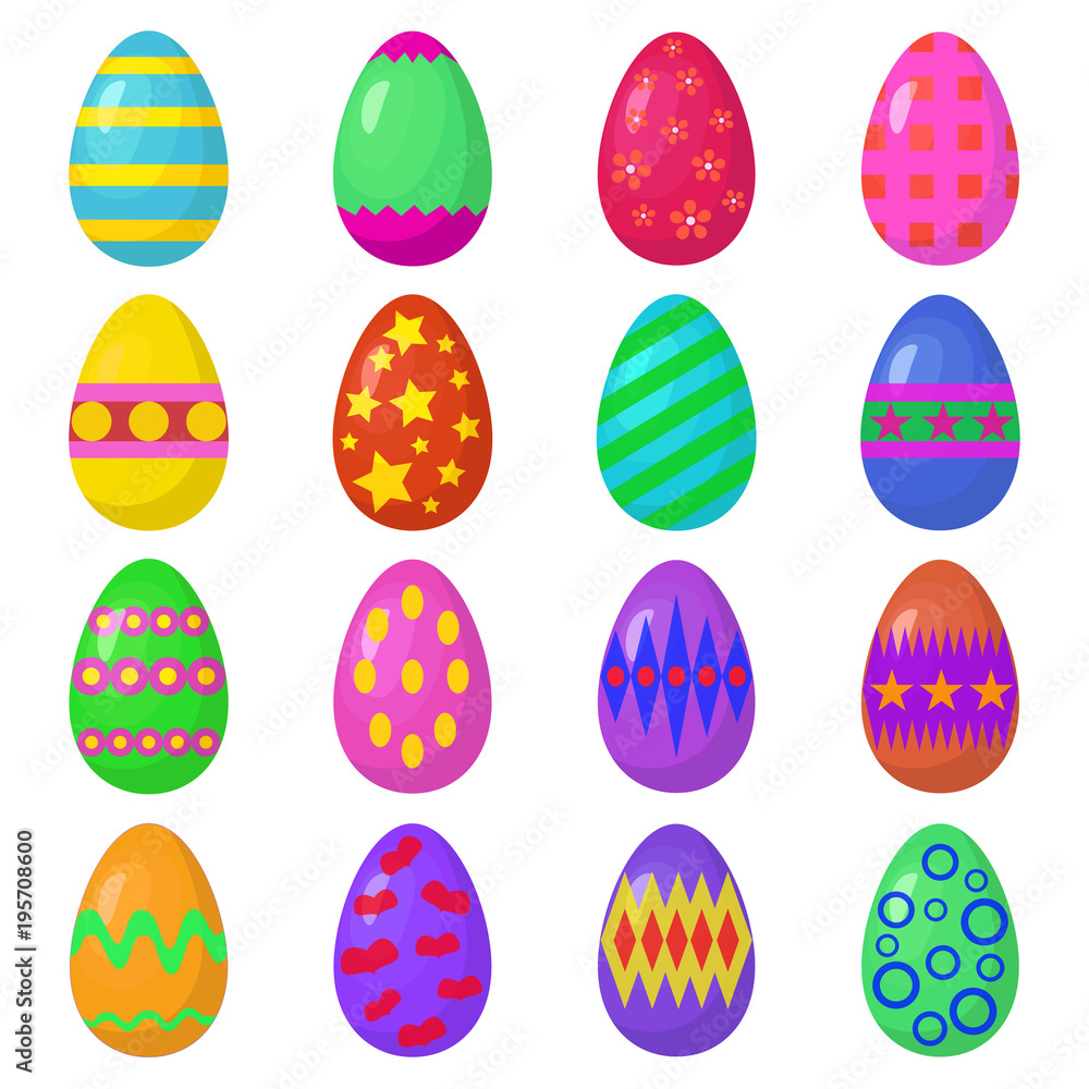Cartoon happy easter cute colorful eggs vector set. Traditional symbol of Easter isolated on white background. Vector illustration