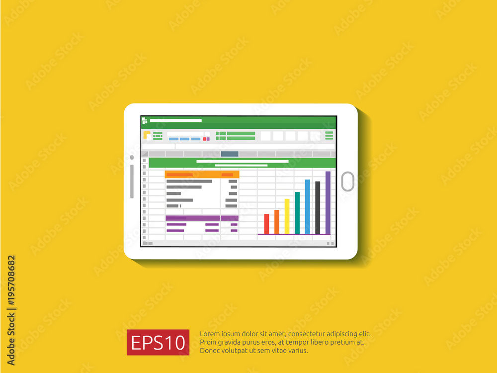 tablet with spreadsheet on screen. office things for planning and accounting, analysis, audit, project management, marketing, research vector illustration. tablet with spreadsheet on screen. office things for planning and accounting, analysis, audit, project management, marketing, research vector illustration.