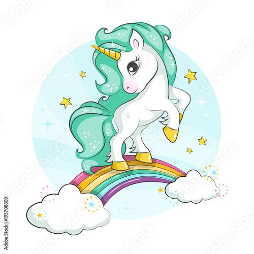 Little pony. Cute magical unicorn and rainbow. Vector design isolated on white background. Print for t-shirt or sticker. Romantic hand drawing illustration for children.
