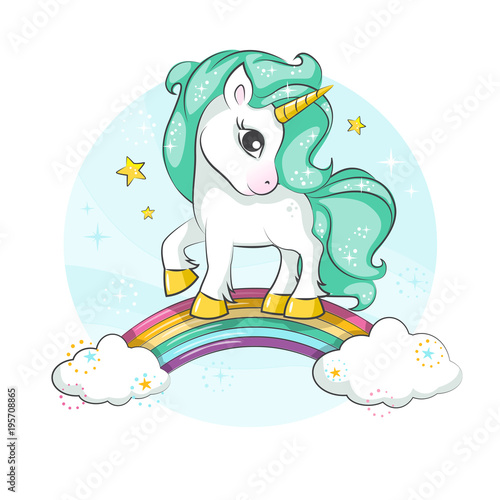Little pony. Cute magical unicorn and rainbow. Vector design isolated on white background. Print for t-shirt or sticker. Romantic hand drawing illustration for children.