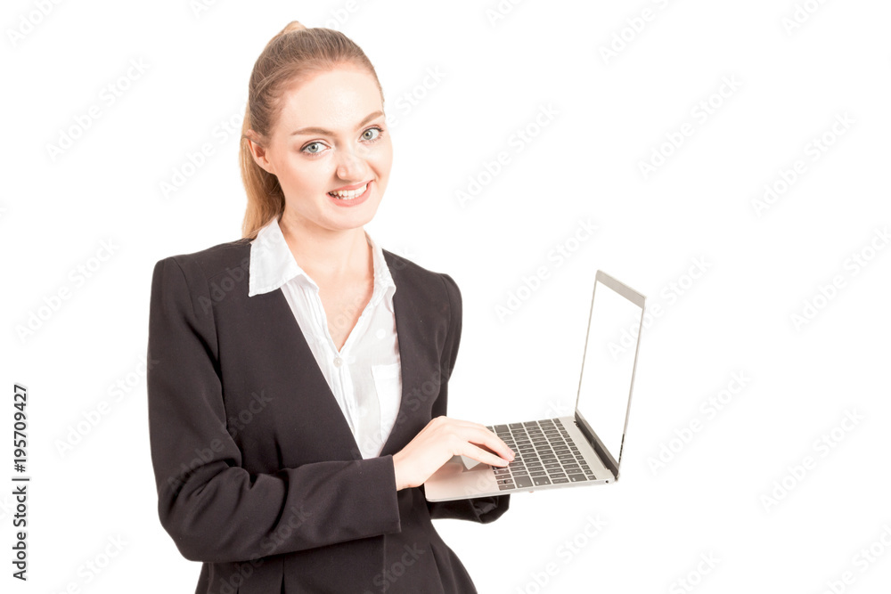 Smiling businesswoman using a laptop computer isolated on white background Smiling businesswoman using a laptop computer isolated on white background