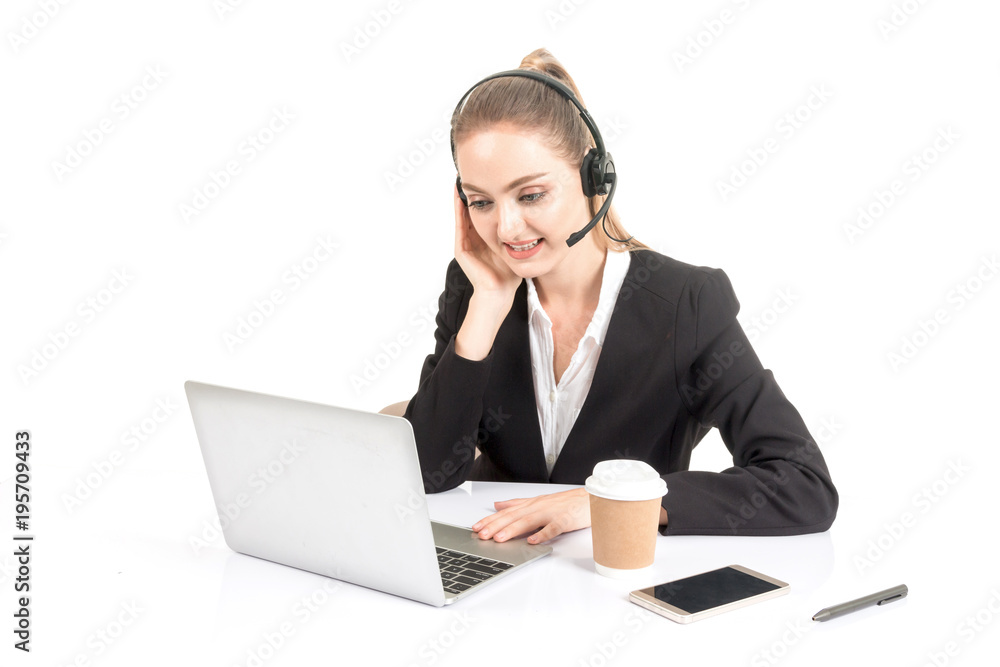 Beautiful businesswoman customer support services working with headset and laptop computer isolated on white background Beautiful businesswoman customer support services working with headset and laptop computer isolated on white background