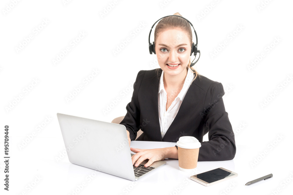 Beautiful businesswoman customer support services working with headset and laptop computer isolated on white background Beautiful businesswoman customer support services working with headset and laptop computer isolated on white background